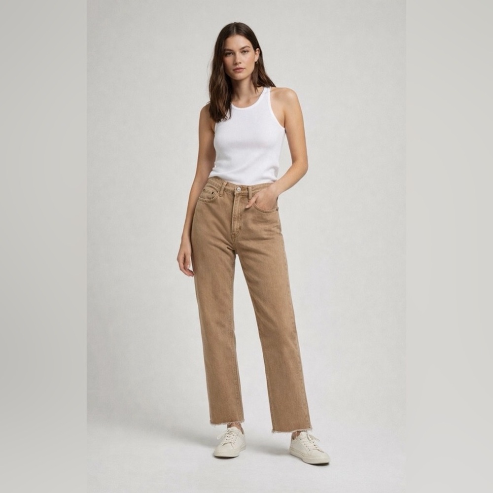 Re/Done Jeans Tan High Waist Tapered Leg Cotton Blend Raw Hem
